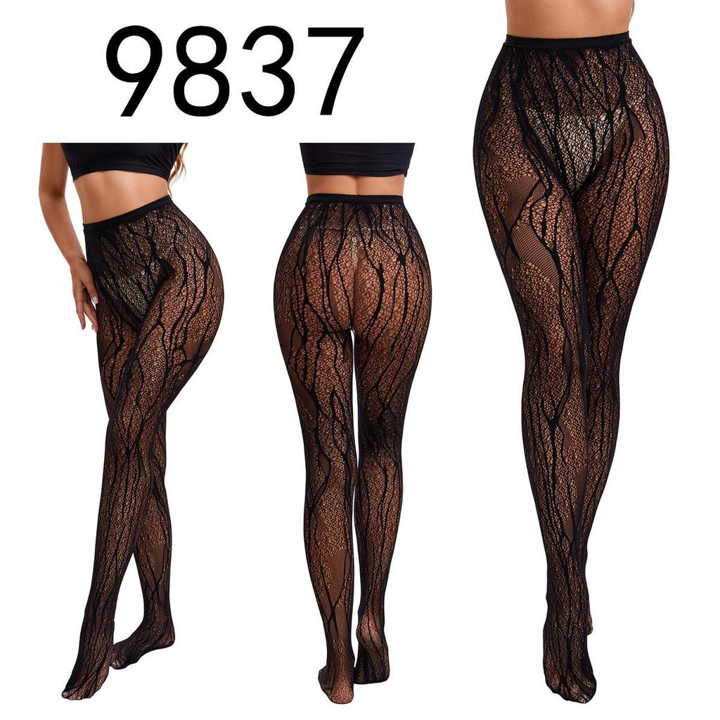 "Black Fishnet Pantyhose with Hollow Suspender Design"