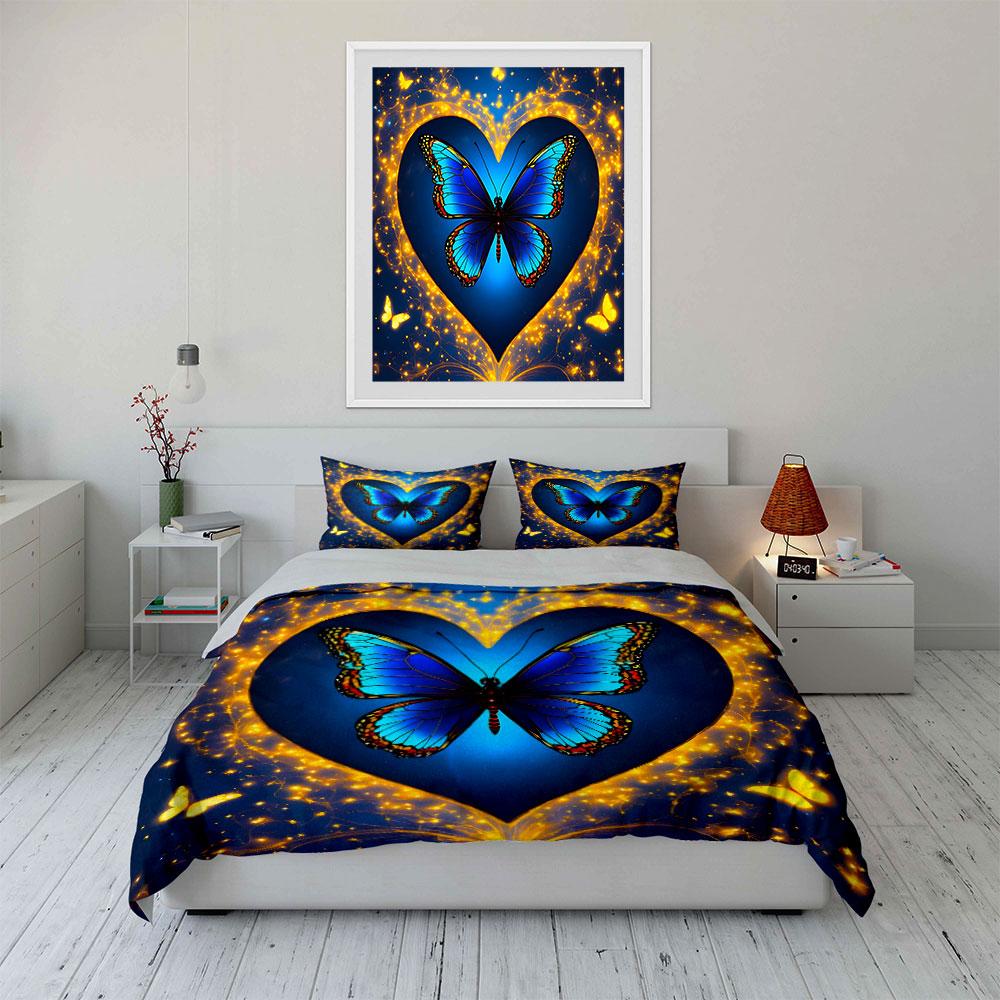Blue Butterfly Heart Design Set Exquisite Three-Piece Bedding Set Gift For Kids And Adults