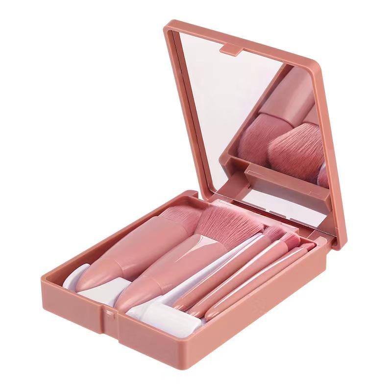 5-teiliges tragbares Make-up-Pinselset mit Spiegel - Multifunktionales Beauty-Tool für Puder und Rouge