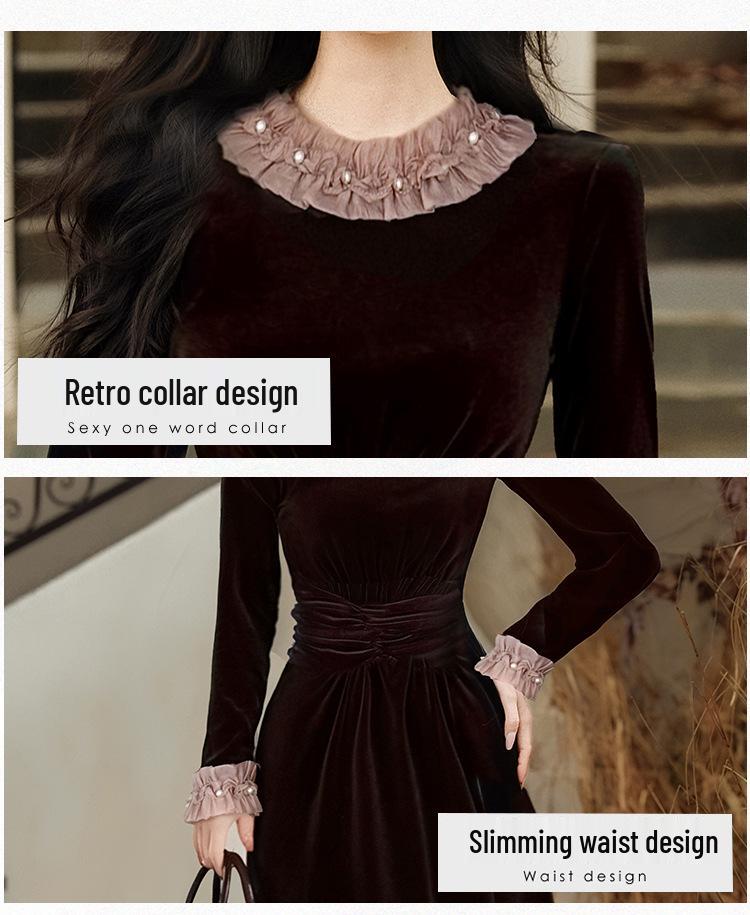 Elegant French Hepburn-Style Black Velvet Dress for Women - Autumn/Winter New Year Party Long Skirt