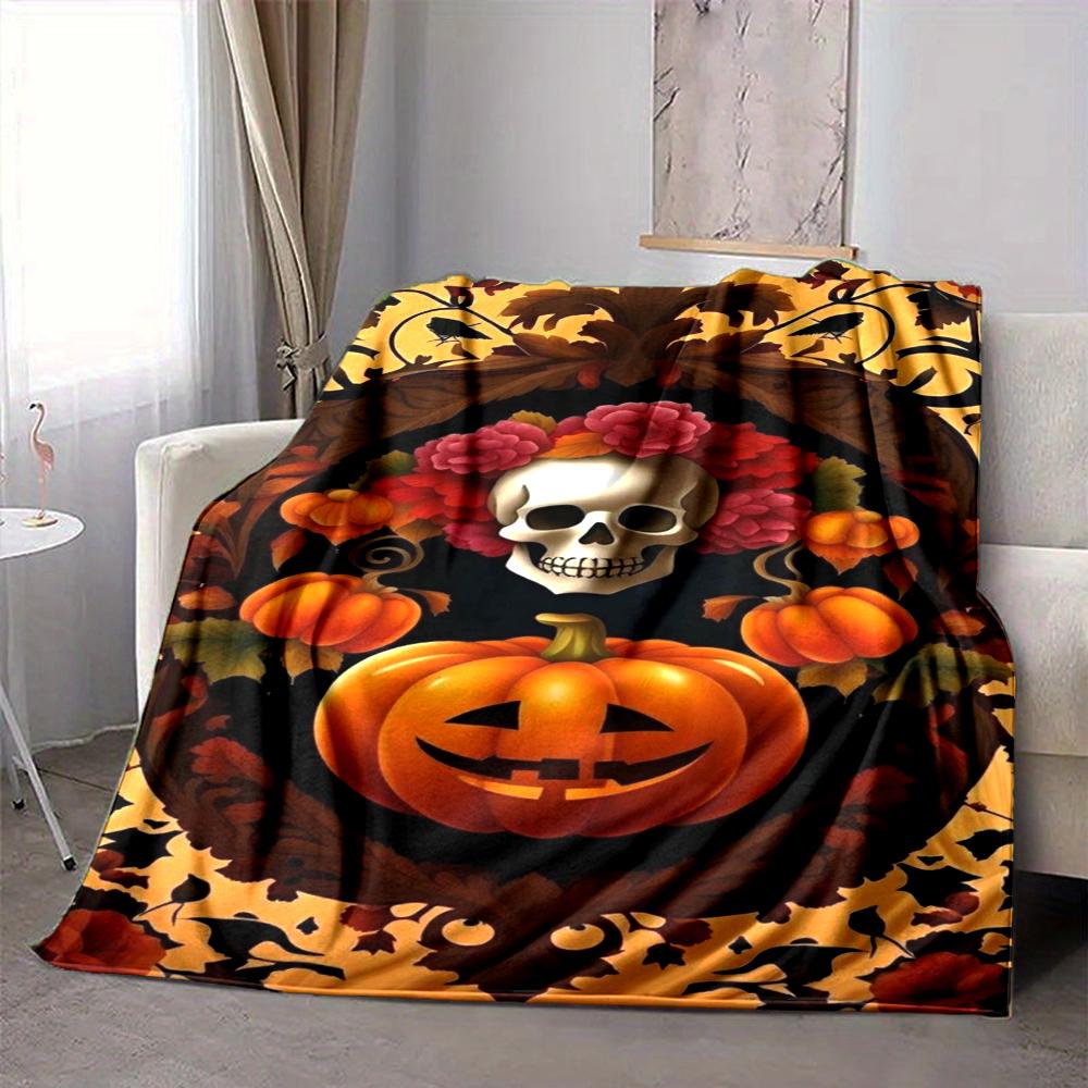 1Pc Halloween Skull Pumpkin Flannel Blanket, Soft And Comfortable, Casual Warm, Camping Travel, Christmas, Halloween Xmas Gift. Eg116