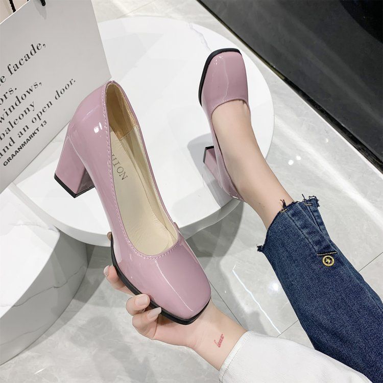 Women's Leather Shoes High Heels Elegant Thick Heel Square Toe Slip-on Shoes