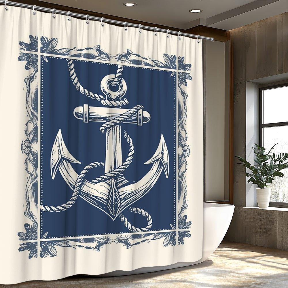 

Vintage Navy Anchor Shower Curtain Dark Blue Ocean Design, 12 Hook Fashion Bathroom Decorative Shower Curtain W60H190(CM)-1 Pcs