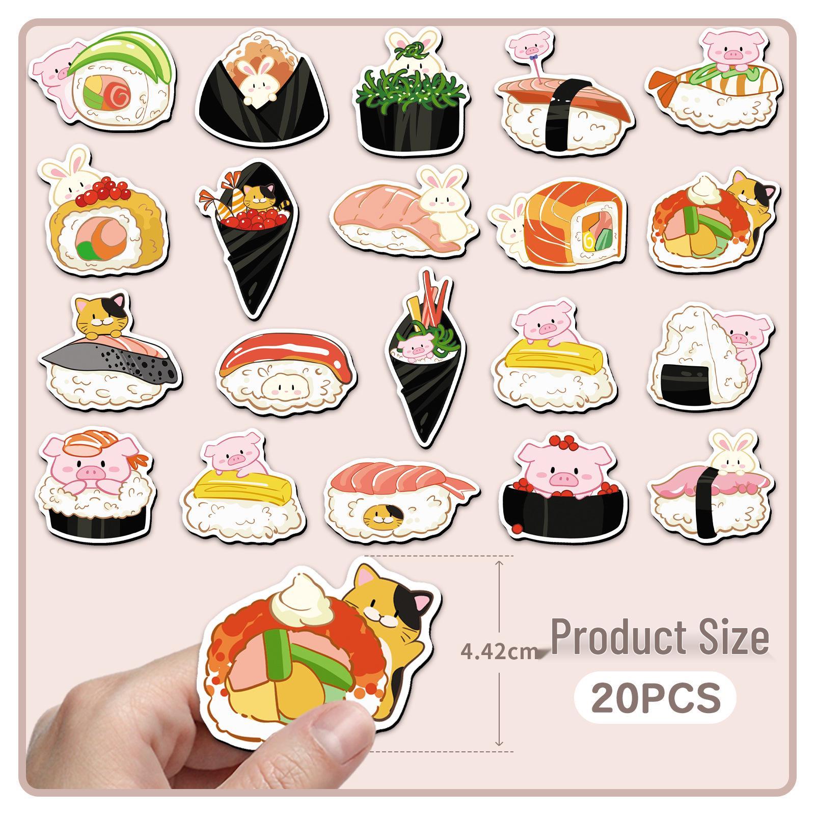 20 Japanese Sushi Soft Magnetic Refrigerator Stickers - Cartoon Food Design, Waterproof, Set of 20.