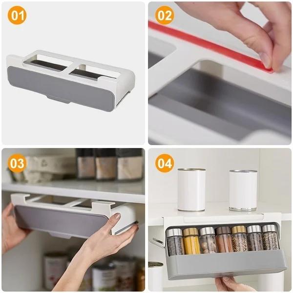 Kitchen Storage Rack Self-adhesive Wall-mounted Under-Shelf Spice Organizer Spice Bottle Storage Rack Home Supplies