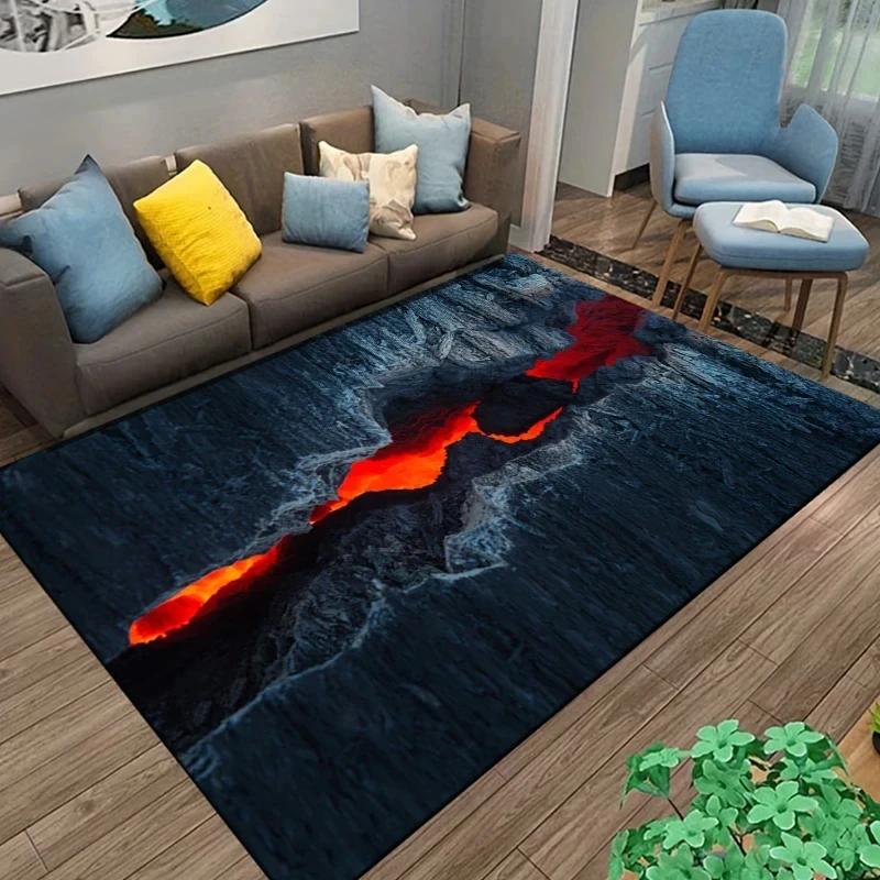 3D Volcano Lava Carpet Rug Living Room Decor Visual Effects Carpets Bedroom Bedside Soft Foot Mat Home Kitchen Entrance Doormat