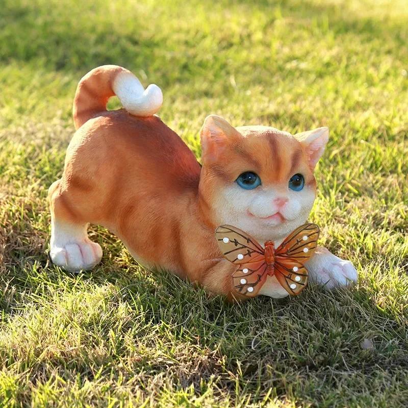 Solar Garden Lawn Animal Sculpture Luminous Resin Yard Cat Art Statue Ornaments Handicraft Home Decor for Room Office Study LS