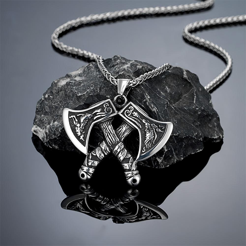 Vikings Double Edged Axe Necklaces for Men Stainless Steel Hatchet Norse Amulet Pendant Leather Cord Celtic Warrior Jewelry Gift 60CM