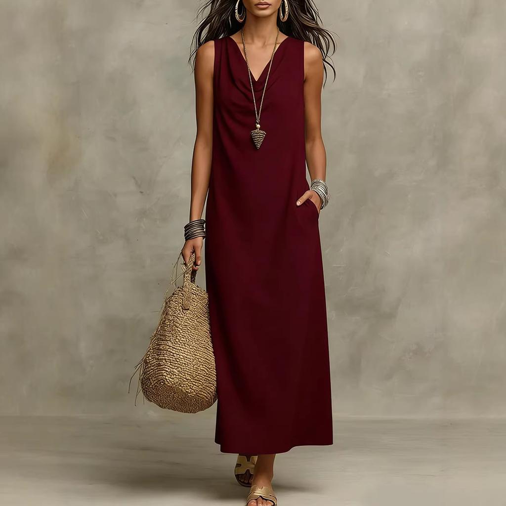 2026 new European and American cross-border Amazon bohemian cotton and linen loose fashion temperament V-neck sleeveless dress