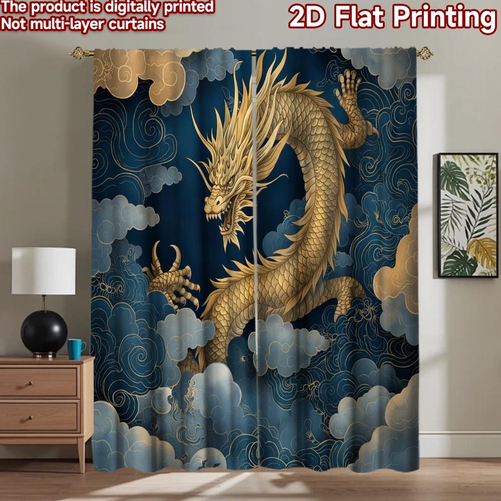 2D Flat Printing 2pcs Curtain Scene Curtains Golden Dragon In Clouds Digital Printed Polyester Drapes Festive Wall Decor Perfect