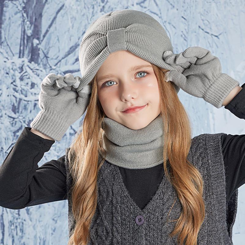 3-teiliges Winter-Mützen-Set für Kinder, Beanie, Schal, Handschuhe, warme Ohren, Strickmütze für Mädchen und Jungen, Kappe, Nackenwärmer, Outdoor, 3–8 Jahre