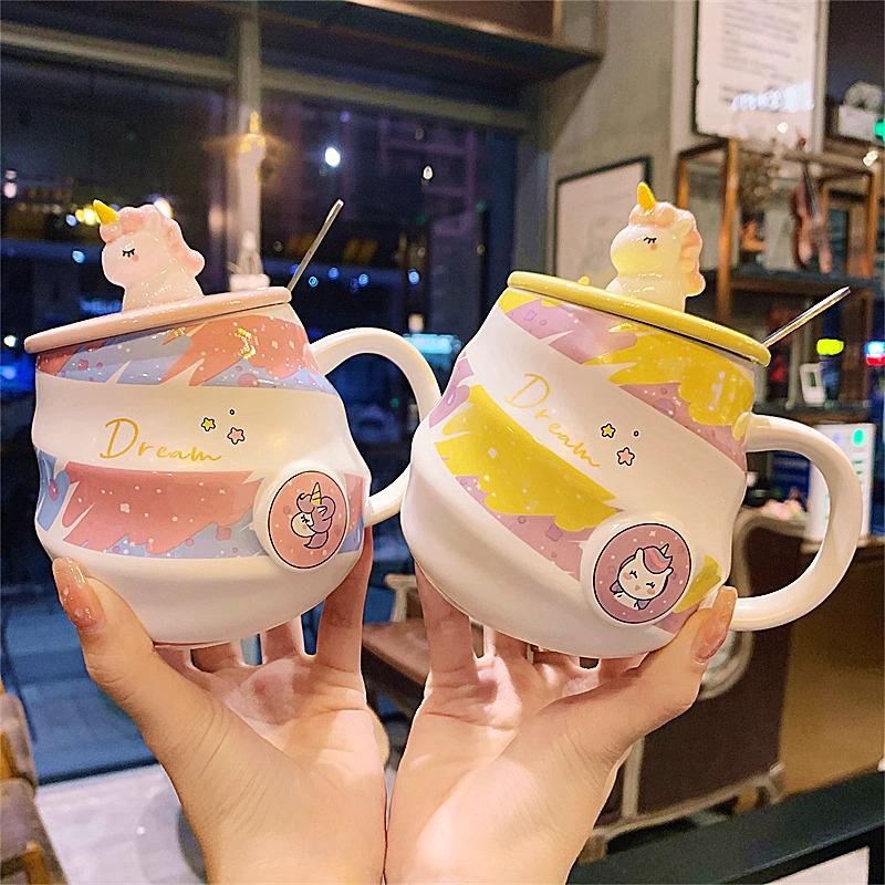 Ceramic Unicorn Mug - Rainbow Spiral Coffee Cup with Lid & Spoon, Cute for Girls