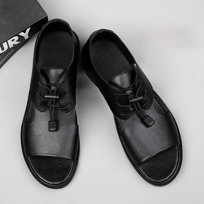 FashionHandmade Male Dress Sandals Men Casual Genuine Leather Mens Summer Shoes Outdoor Flats for Men Punk Style Hollow Out Footwear