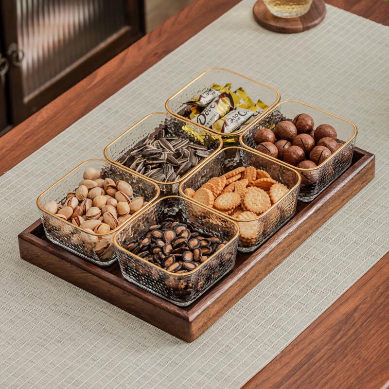 

Light Luxury Walnut Wood Serving Tray with 6-Compartment Gold-Rimmed Glass Bowls