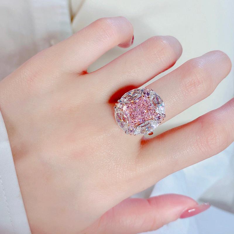 Korean Style Minimalist Pink Zircon Square Adjustable Ring for Women