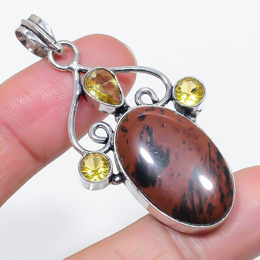 Natural Mahogany Obsidian, Citrine 925 Sterling Silver Pendant 2.29" O7r88