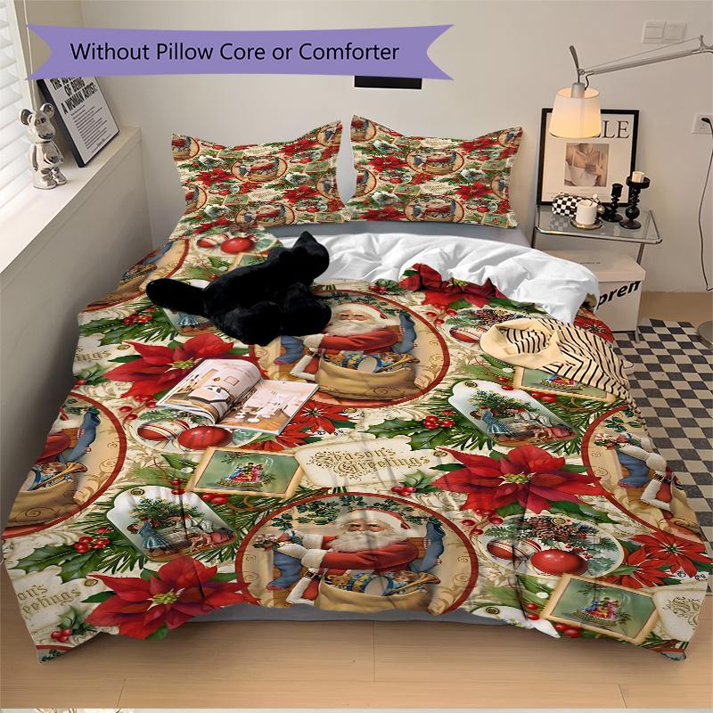 

3pc Vintage Christmas Santa Claus Poinsettia Snow Globe Home Bedding Set-Festive Decor for Bedroom,Guest Room,Living Room 1224a 135x200cm
