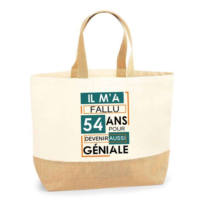 Tote bag en jute - PLANETEE - 54 ans géniale Femme - Jute naturel - Impression personnalisée - Fabriqué en France