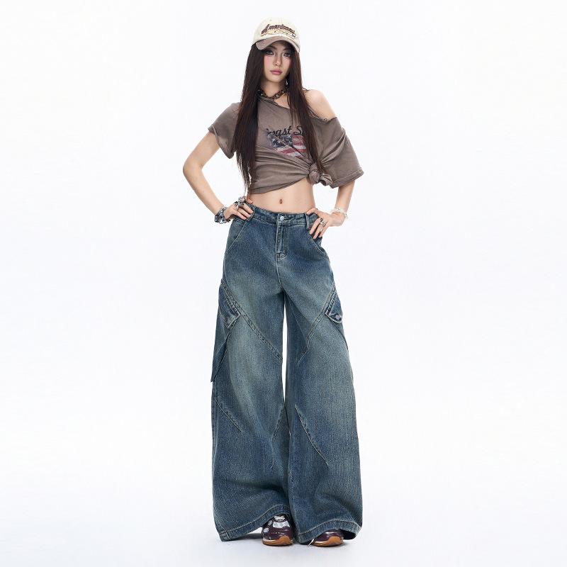 American retro tooling jeans women's autumn new design sense niche loose high waist thin wide leg pants