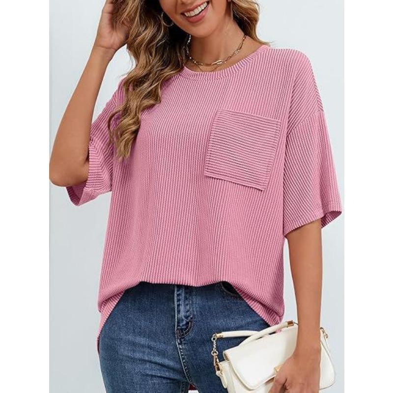Women's Summer Short Sleeve Patch Pocket Top Oversized Round Neck Textured Casual Basic T-Shirt