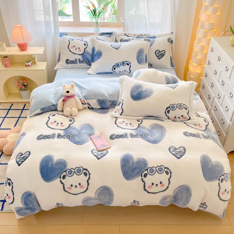 Warm Snowflake Fleece Four-piece Set, Double-sided Fleece Thickened Milk Fleece Bed Sheet Three-piece Set