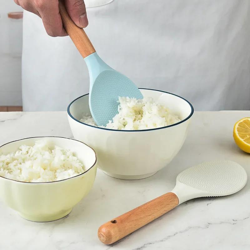 Cuchara Pala de Arroz de Silicona Utensilios de Cocina con Mango Largo de Madera para el Hogar Antiadherente Espátula Grande para Cocinar Cucharón Gadgets de Cocina