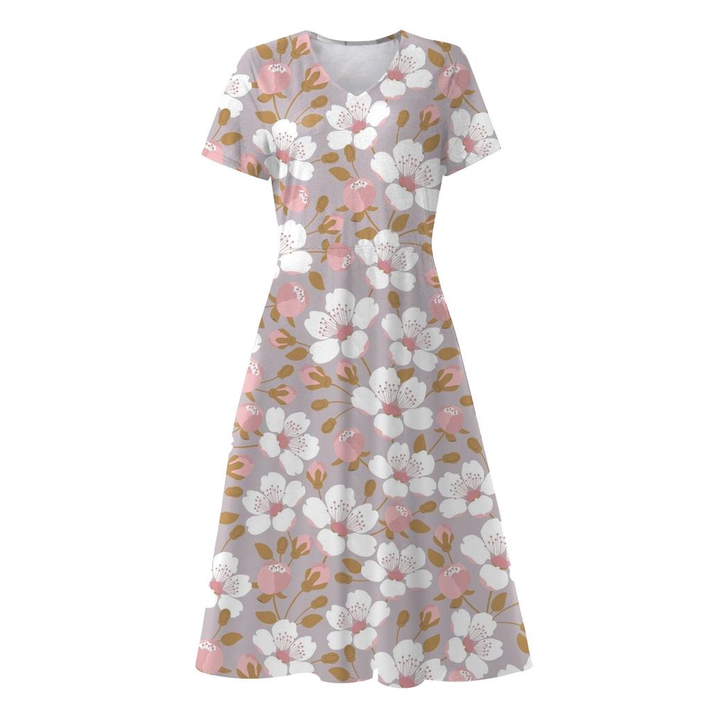 Damen Sommer Casual Fashion Blumendruck Kurzarm V-Ausschnitt Swing Kleid