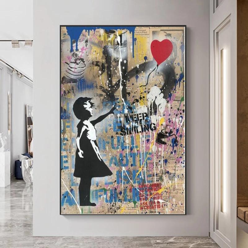 Banksy-pinturas en lienzo de globo con chica, arte callejero de Graffiti, nunca te rindas, arte de pared, carteles abstractos, imágenes, decoración del hogar