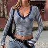Women's Striped Long Sleeve V-Neck T-Shirt Slim Fit