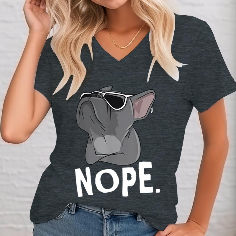 Summer V-neck 3D Printed Bulldog Graphic Top Fashionable Casual Short Sleeved Women's T-shirts