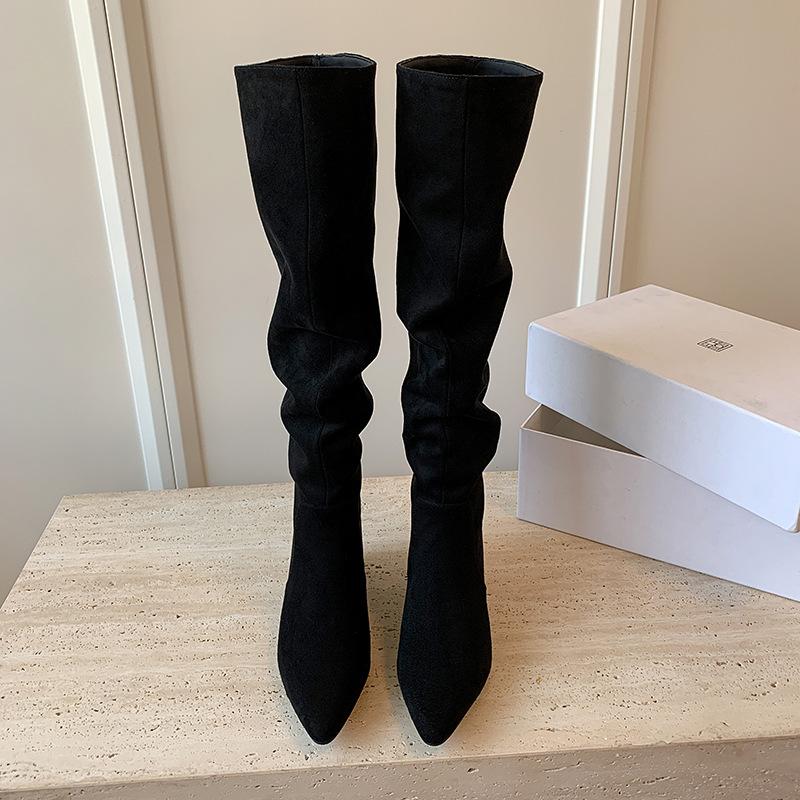 Pointed Wedge Heel Apricot Pile Long Knight Boots Women's Shoes 2025 Spring and Autumn New Thin High Heel High Boots