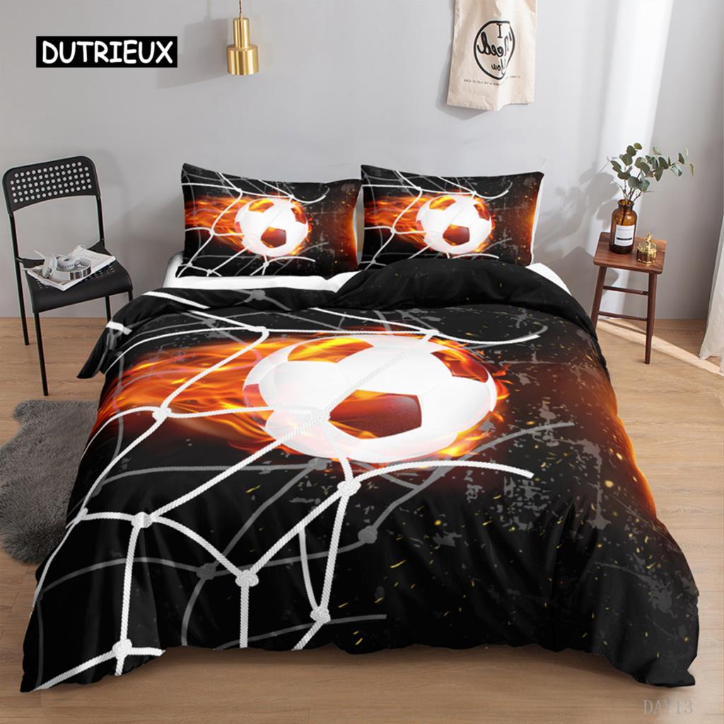 Football Duvet Cover Set 3D Football with Fire Teen Bedding Sets Boys Sports Twin Double Queen King Size Polyester Qulit Cover