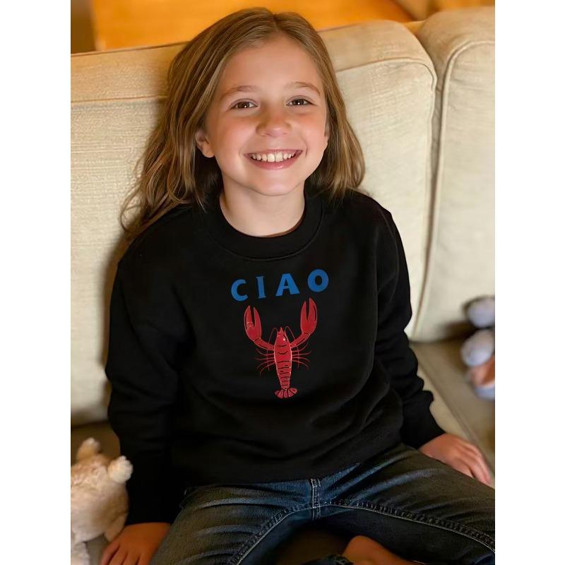 Kids Unisex Crewneck Sweatshirt, Blue CIAO Word Red Lobster Cartoon Print Long Sleeve Pullover, Soft Sweatshirt for Boys Girls Over 4 Years Old 110