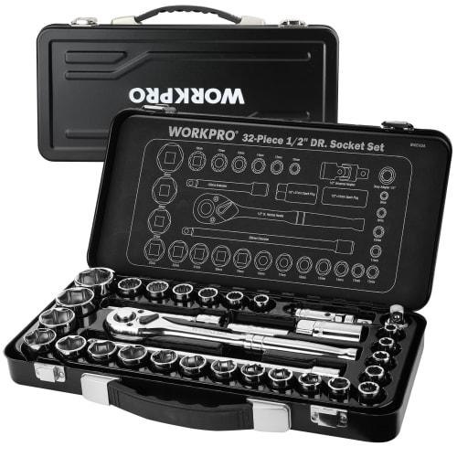 WORKPRO 32-Piece Socket Wrench Set, 12.7mm Drive, Garage Tool Set with Quick-Release Ratchet Handle and Iron Storage Case, Ideal for Motorcycle and Au