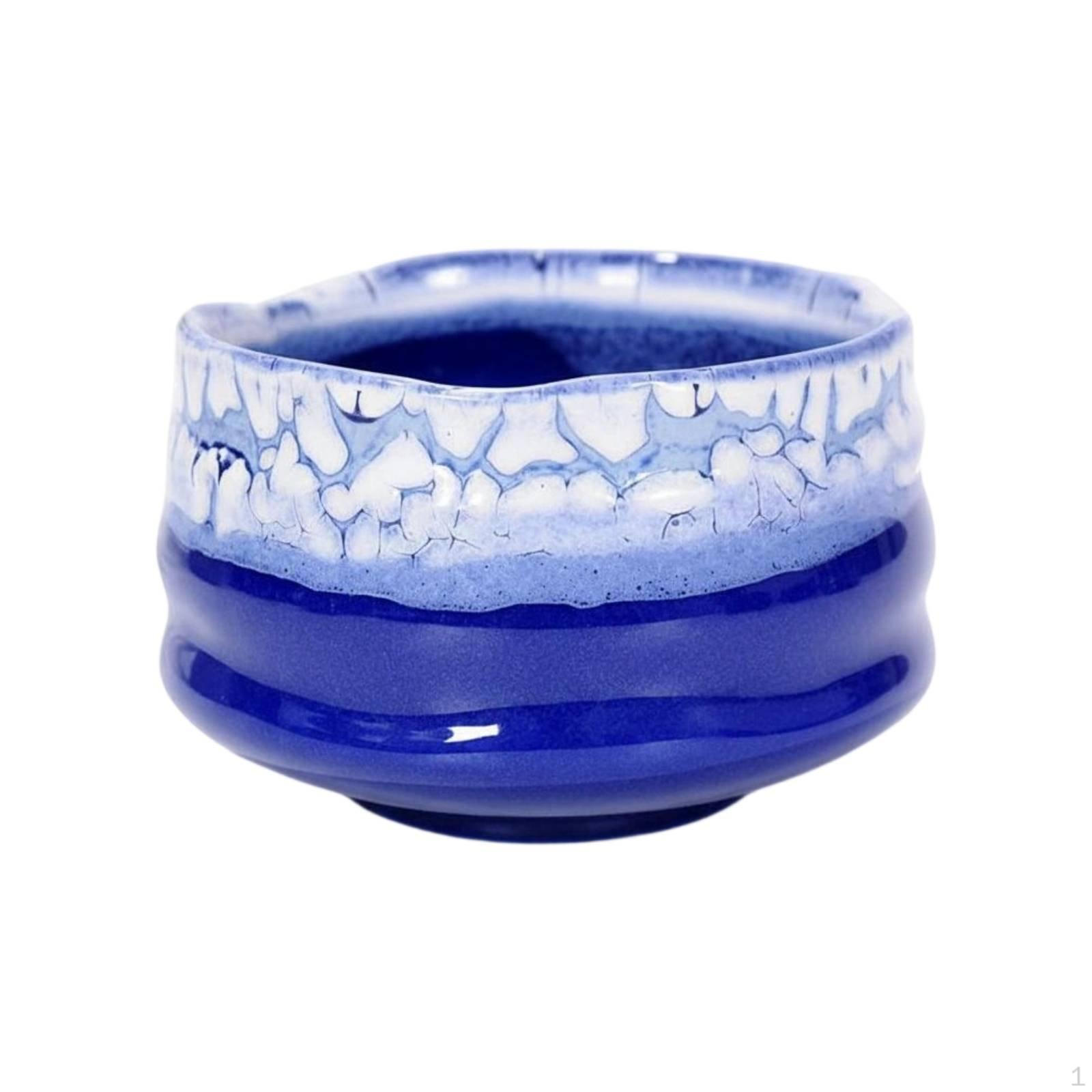 Handmade Pottery Tea Bowl Unique Pattern Traditional Chinese Craft Tenmoku Glaze Cup Dark White Blue