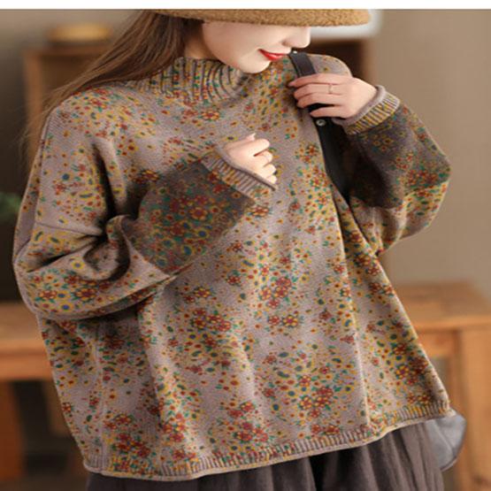 

Женские пуловеры-свитера с воротником-стойкой и длинным рукавом в стиле пэчворк с цветочным принтом, весенние вязаные хлопковые женские свитера One size хаки