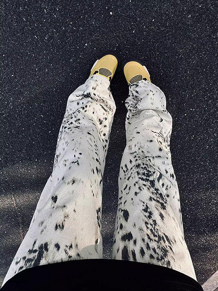 Leopard Print High-Waist Straight-Leg Denim Pants - Retro Autumn Fashion