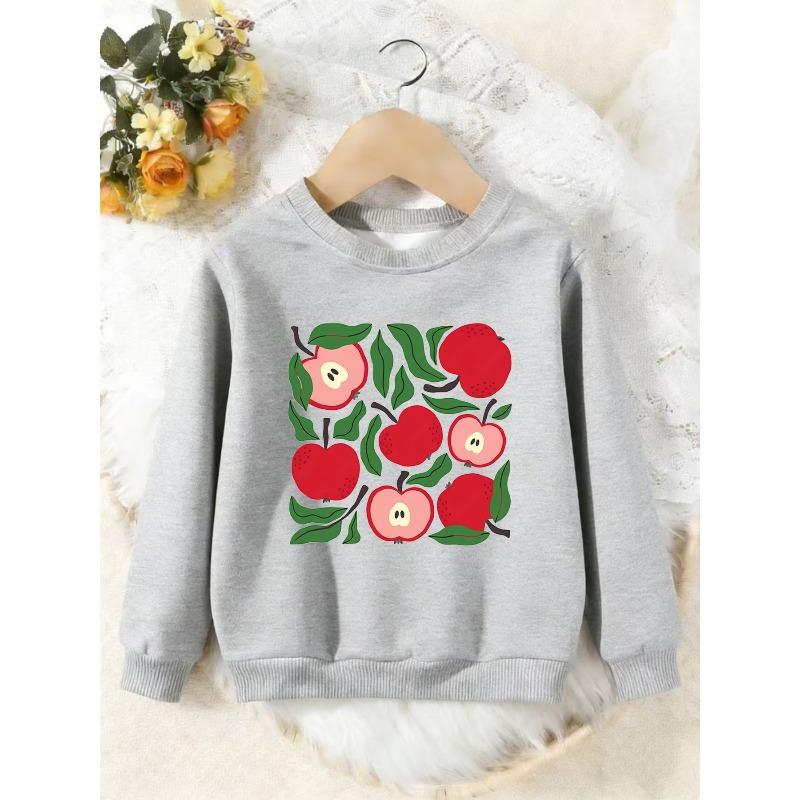 Unisex Kids Crewneck Sweatshirt, Cute Red Apple Green Leaf Fruit Print Pullover, Boys Girls Back To School Casual Sweatshirt For Kids Over 4 Years Old