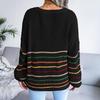 Loose Rainbow Striped Women Sweater V Neck Long Sleeve Fall Winter S-L