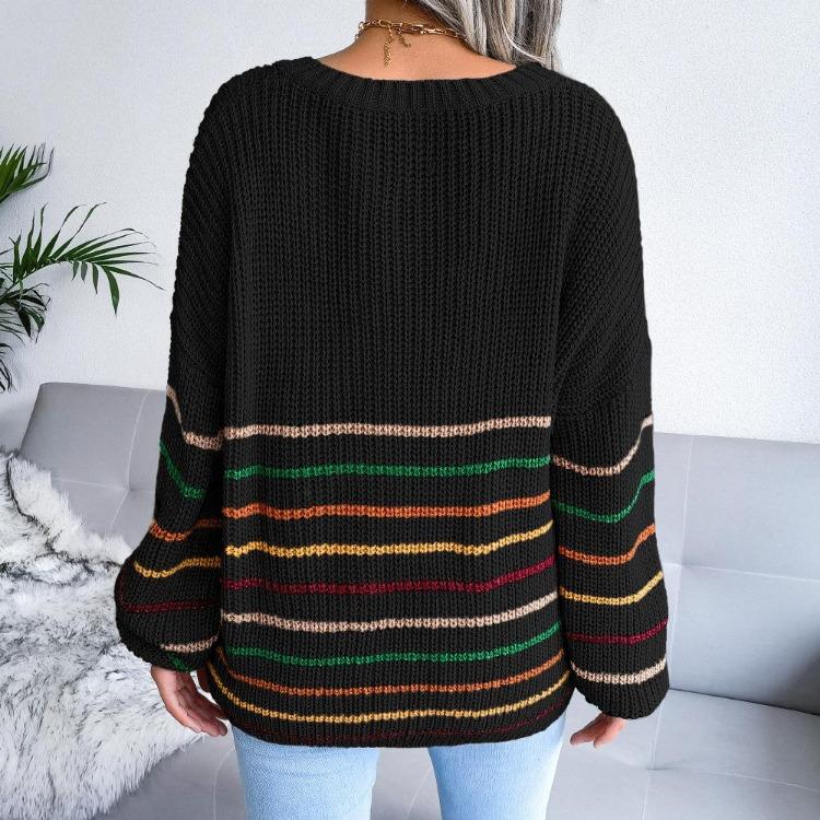 Loose Rainbow Striped Women Sweater V Neck Long Sleeve Fall Winter S-L