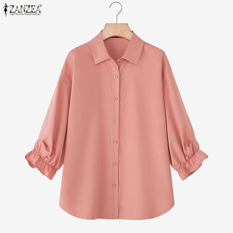 ZANZEA Damen Umlegekragen Locker 3/4-Ärmel Einfache Bluse