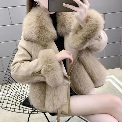 Damen Winter Mittellang Kunstfelljacke PU-Leder Spleißen Fell Oberbekleidung Damen Langarm Verdicken Warmer Mantel