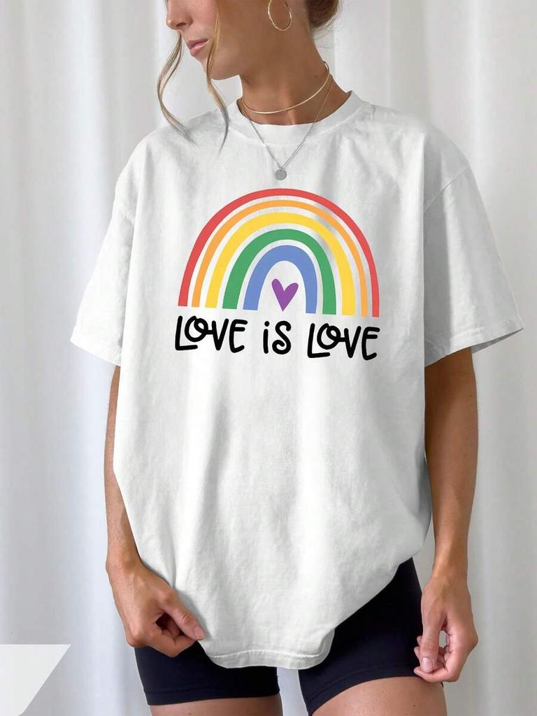 Crew Neck Short Sleeve Love Is Love Rainbow Heart Colorful Pride Print Soft Casual Tees For Spring Summer Gift Multicolors