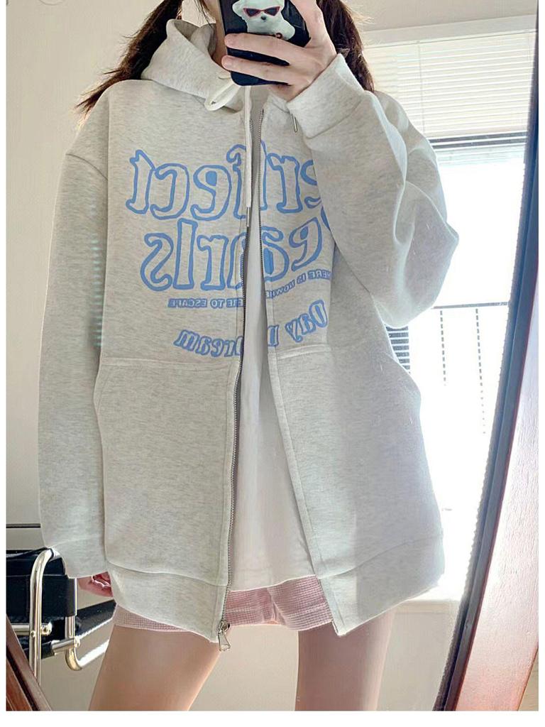 Unisex 2025 Hip Hop Zip-Up Hooded Sweatshirt - Casual Loose Fit, Drop Shoulder, Spring/Autumn Trendy Letter Cardigan.