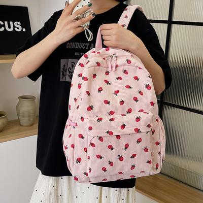 Corduroy Strawberry Student School Bag Large Capacity Travel Backpack Multi-pocket Stylish Laptop Backpack With Adjustable Strap