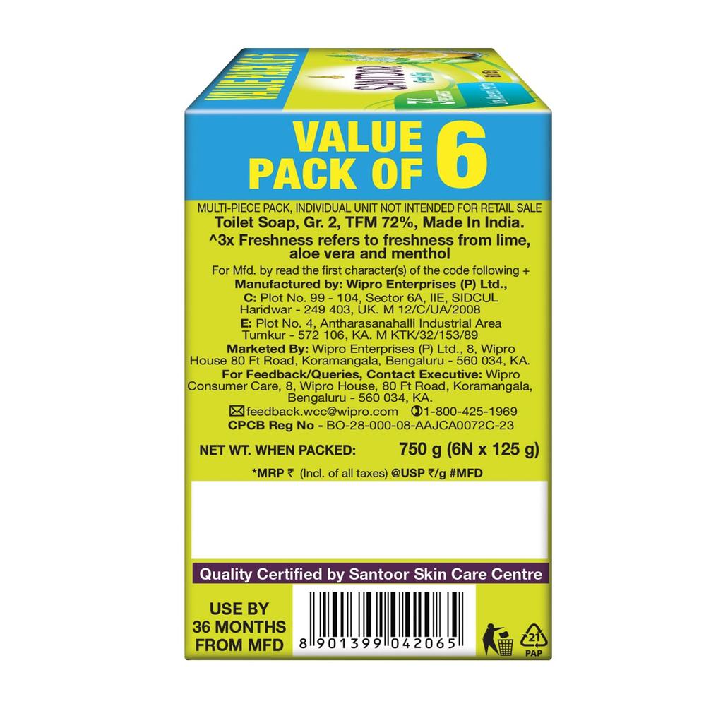 Santoor Fresh Skin Aloe Vera & Lime Bathing Soap with Nourishing & Anti-Aging Properties| For Smooth & Soft and Younger-Looking Skin| For All Skin Typ