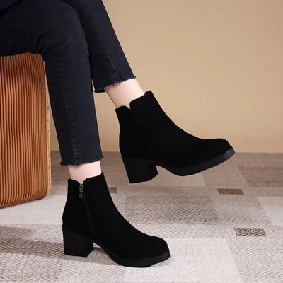 Women's Autumn and Winter New Fashion Solid Temperament Ankle Boots Round Head Square Heel Slip On Solid Casual Boots Size