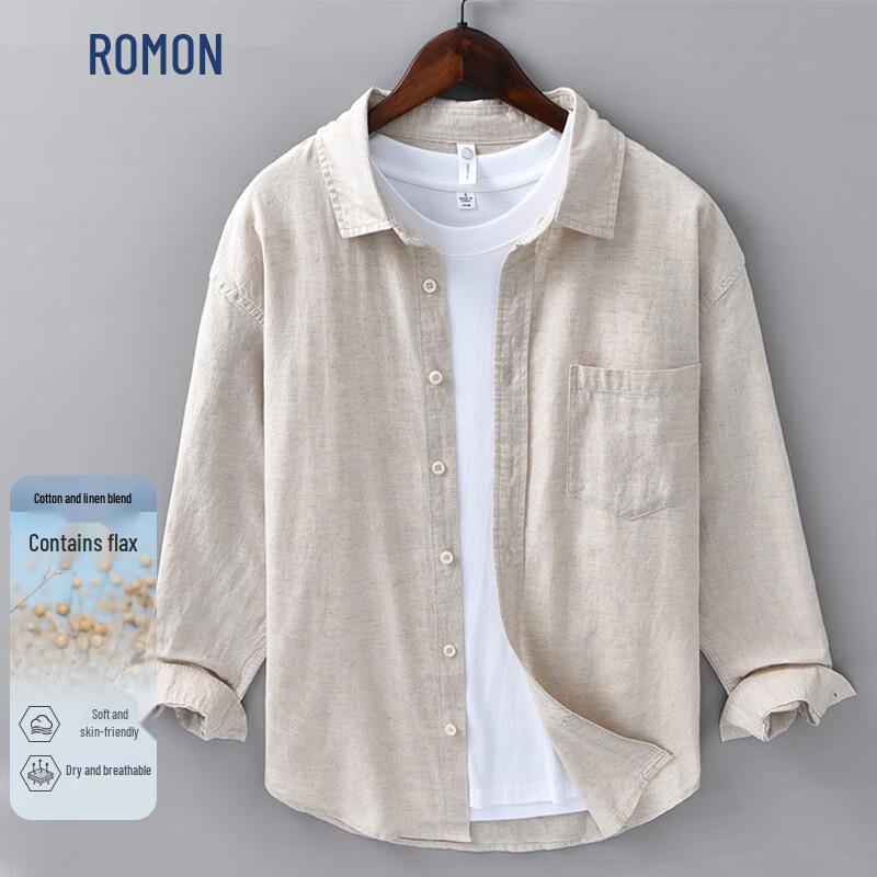 ROMON Men s Casual Linen Blend Long Sleeve Shirt XXL