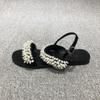 European Station 2025 Summer New European Women's Shoes Pearl Sandals One-word Buckle with Beaded Open-toed Flat Sandals Women