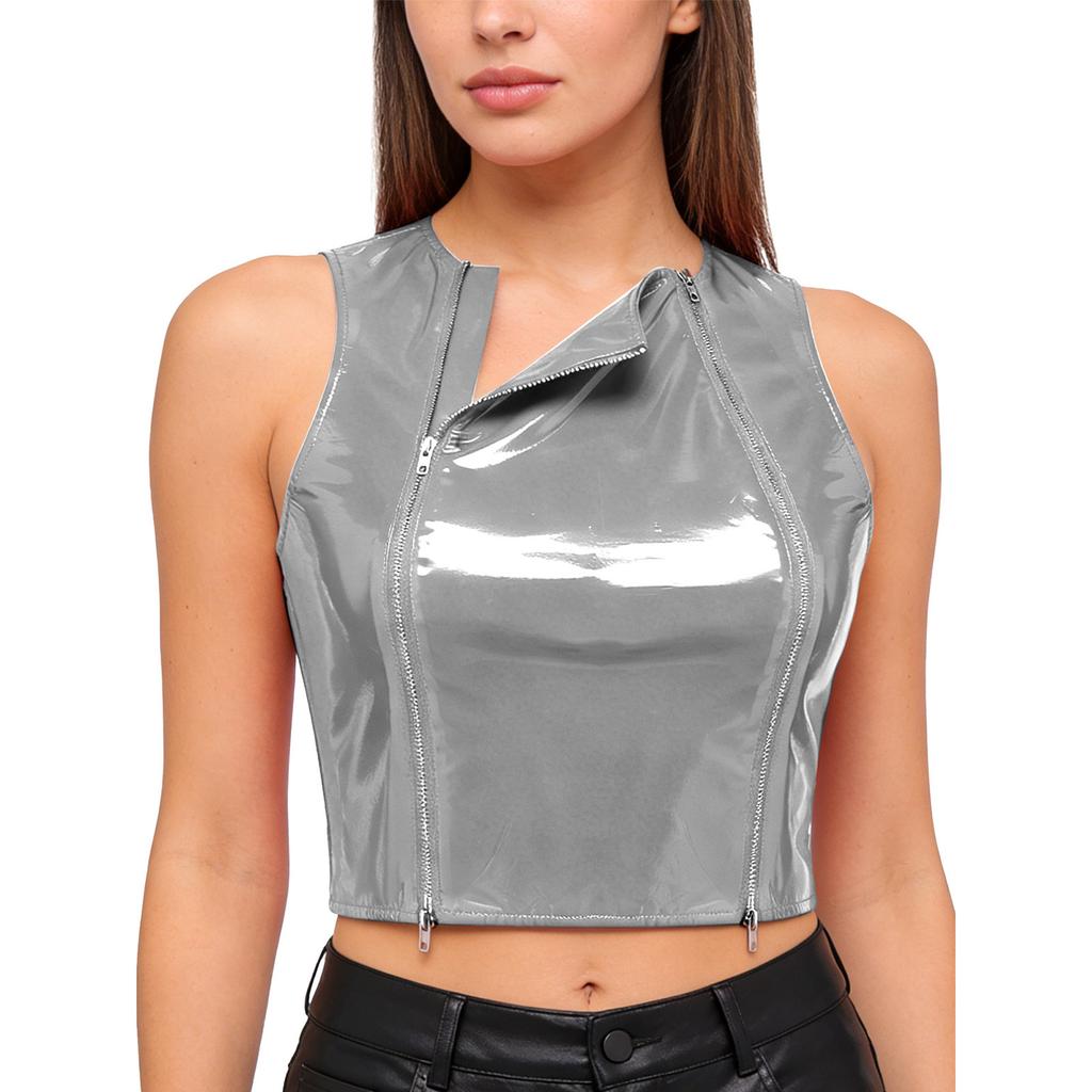 Ladies Glossy PU Leather Crop Top S-3XL Front Double Zippers Sleeveless Slim Tank Top for Club Rave Party Nightwear